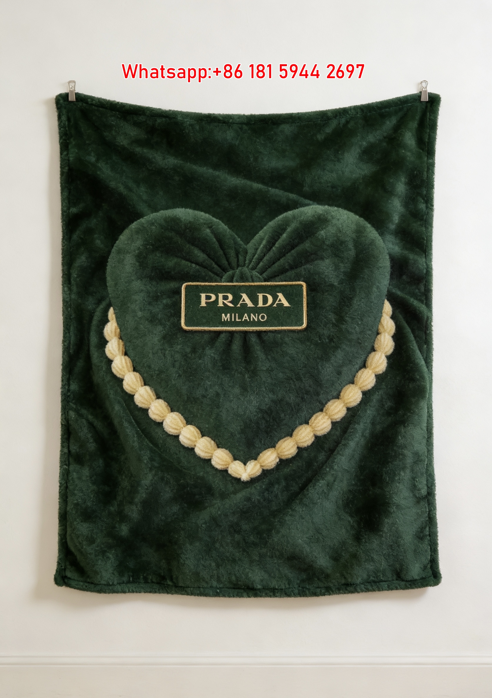 Prada Green Velvet Heart With Gold Beads Flannel Throw Blanket IMG_2741